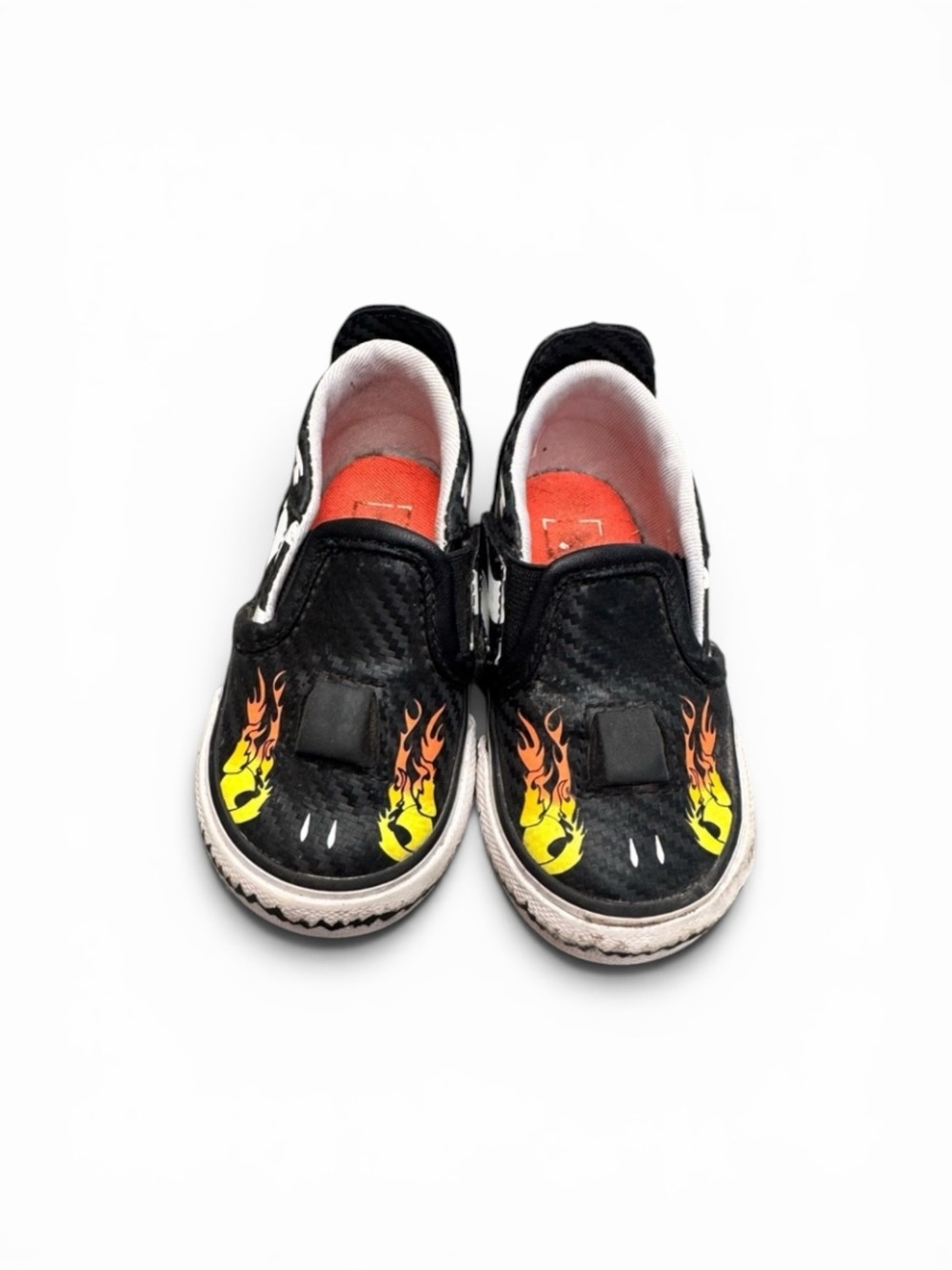 Vans Kids Black Slip-On Sneakers with Yellow & Orange Flame Motif